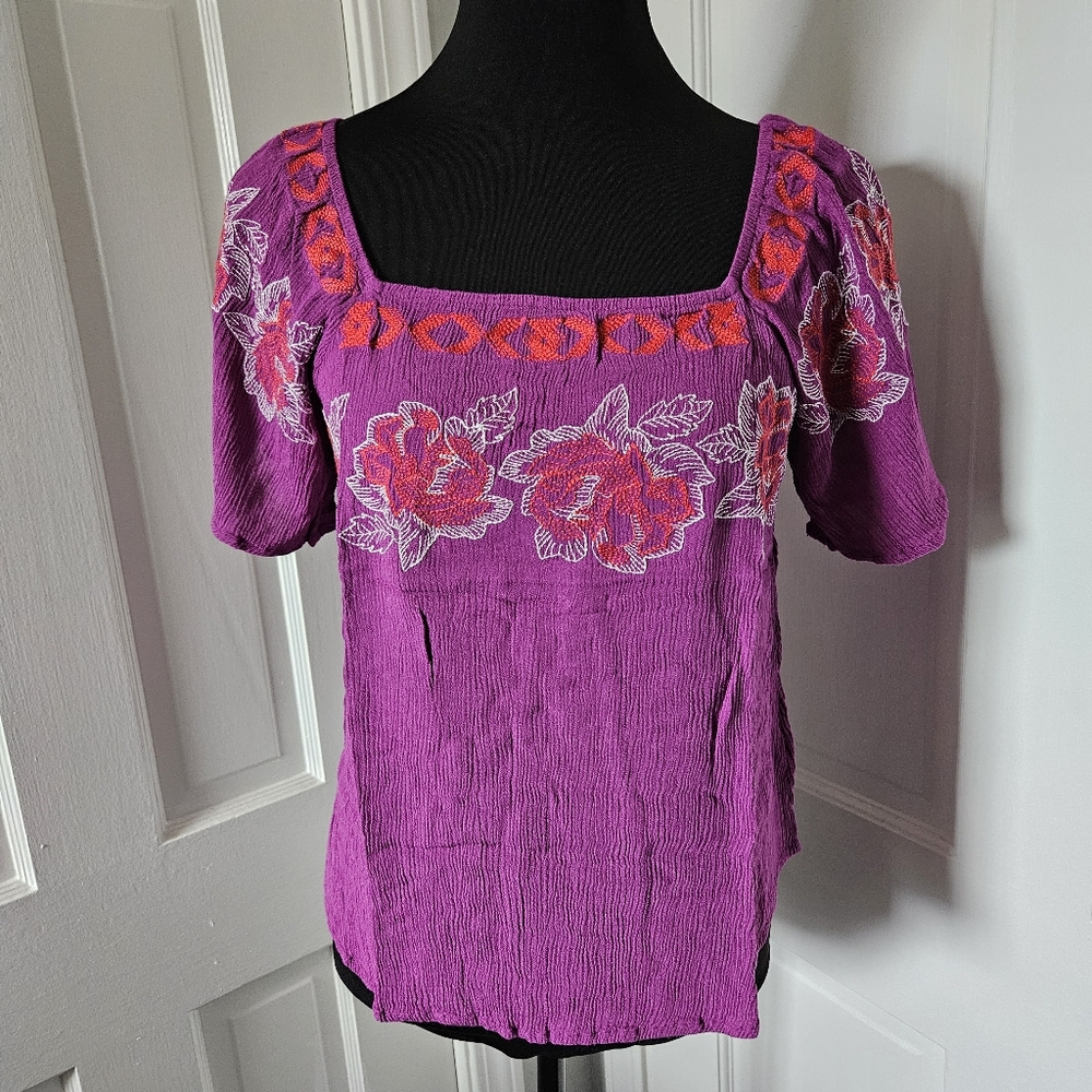 Cloud Chaser Womens Peasant Top Size Small Boho Floral Square Neck Summer